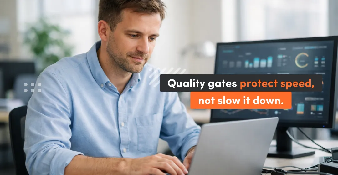 A professional CTO analyzing engineering flow metrics on multiple monitors, representing scaling engineering teams and predictable delivery through quality gates.