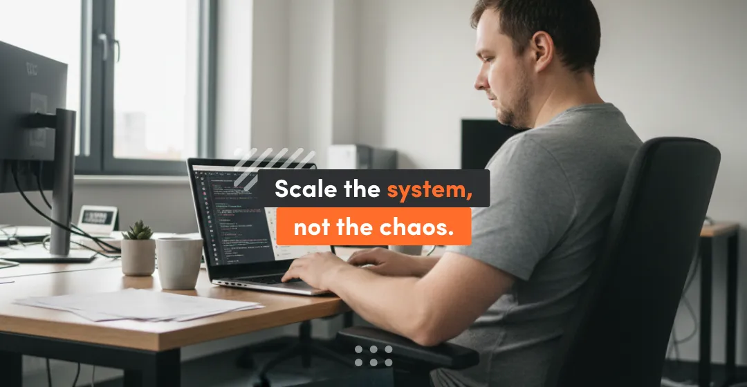 Developer working on a laptop with the message “Scale the system, not the chaos.” about scaling engineering teams with predictable delivery and control.