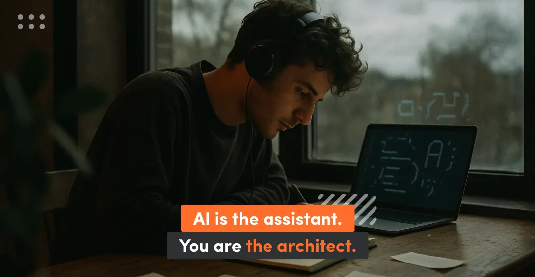 Man with desktop and inscription that AI is the assistant