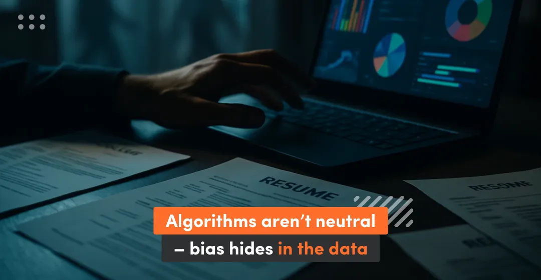 Dark photo with man and desktop and inscription about algorithms