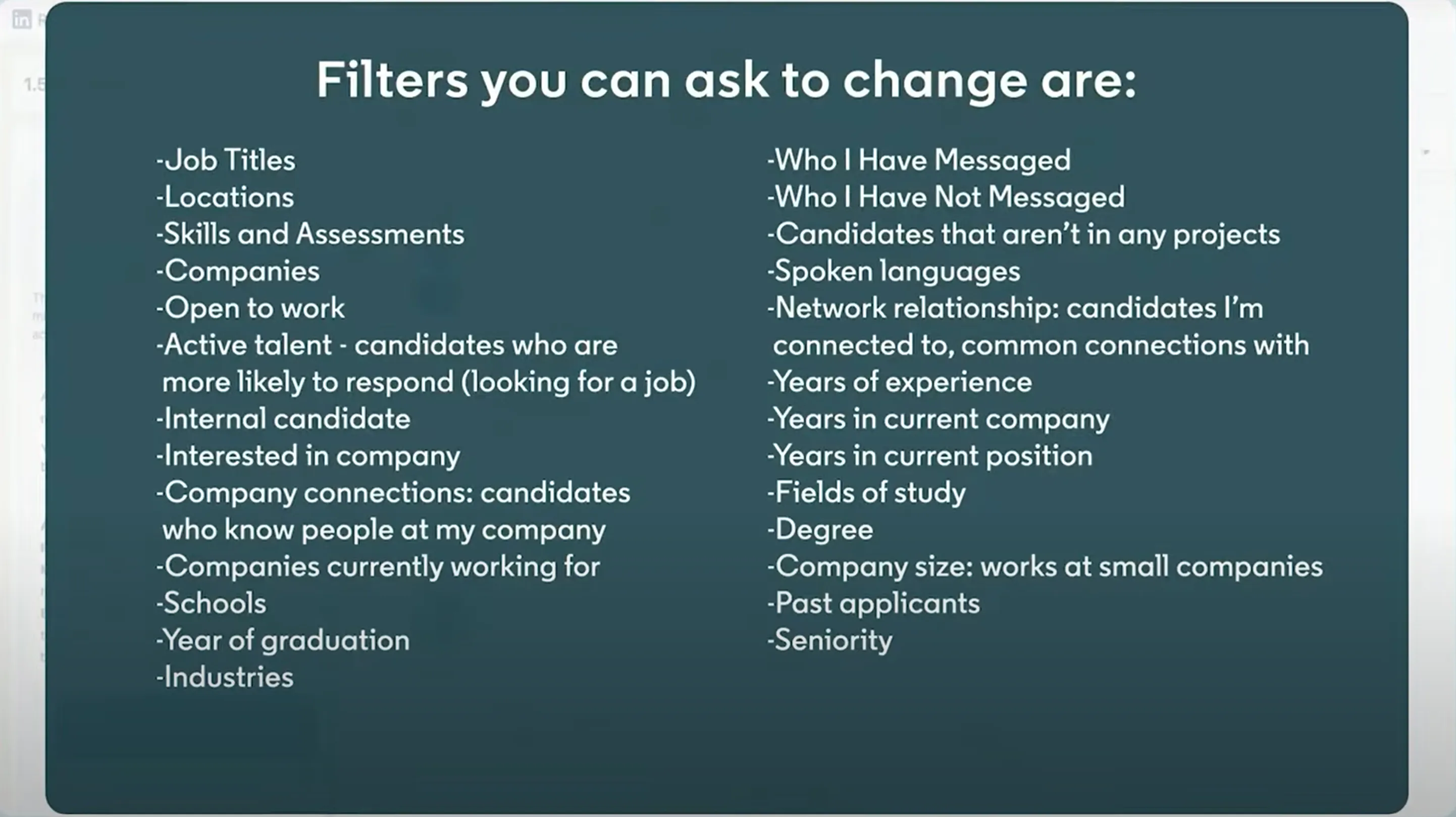 AI Tools and Filters you can ask to change are like job titles, locations, provide instant feedback, open to work etc.