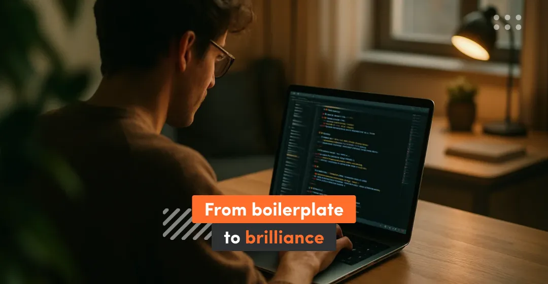 Man with desktop and inscription from boilerplate to brilliance