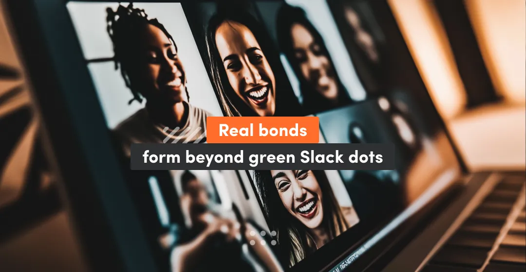 Desktop with online meeting with few people and sentence about real bonds