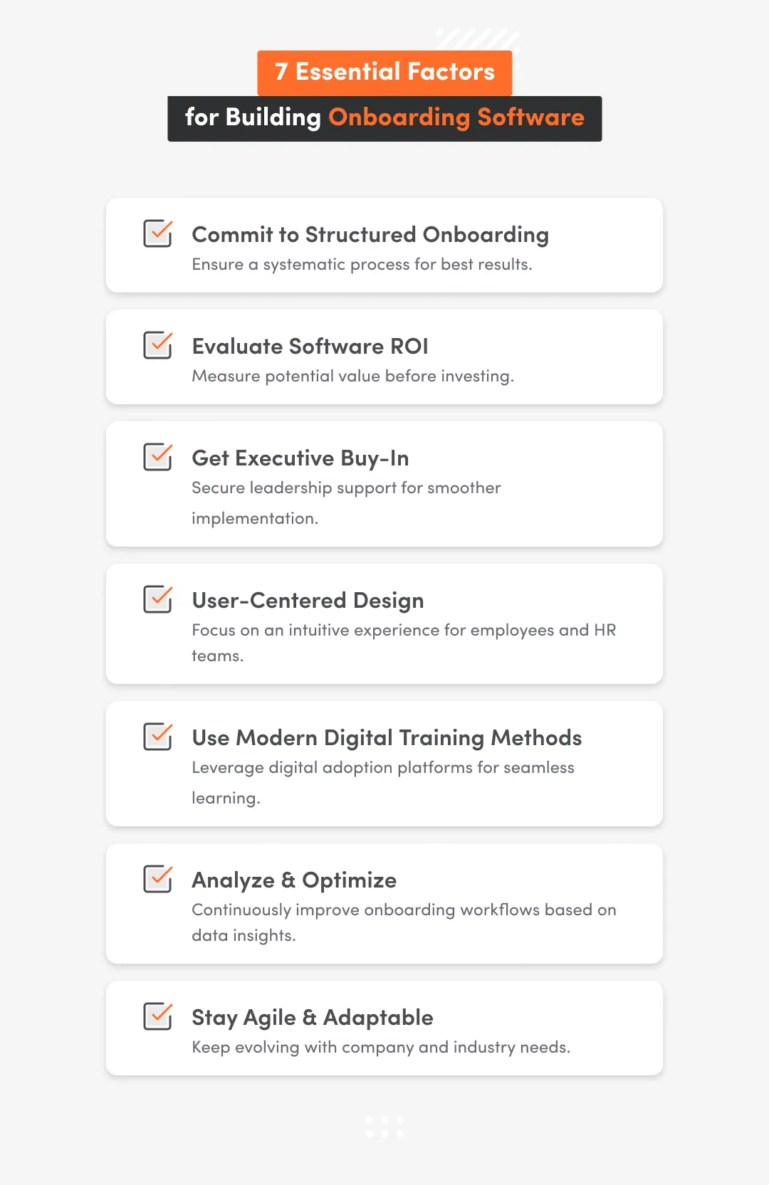 7 thinks to consider to build a custom employee onboarding software such as evaluate software ROI, get executive buy in etc.