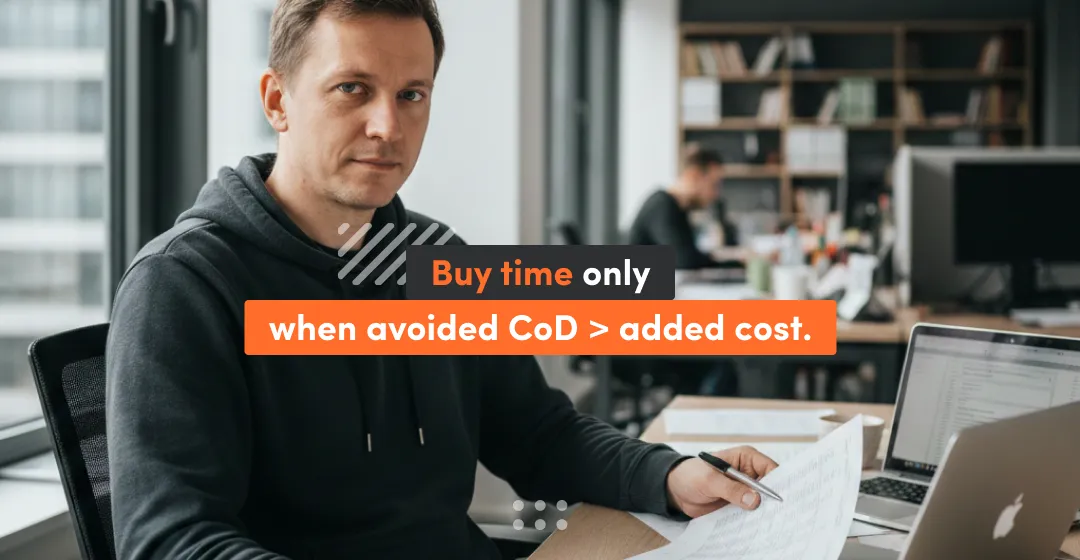 Man sitting at a desk in an office, with the headline “Buy time” and an orange text banner over the photo