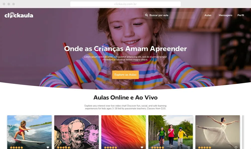 Homepage of the ClickAula eLearning platform showing online and live classes for children, illustrating how a custom LMS supports social learning, course discovery, and engaging educational experiences.