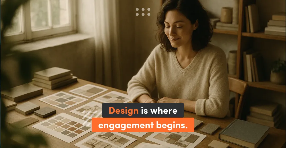woman with desk and inscription that design is where engement begins
