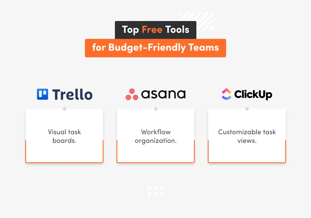 Top free project management tools for budget-friendly teams are Trello, Asana, ClickUp