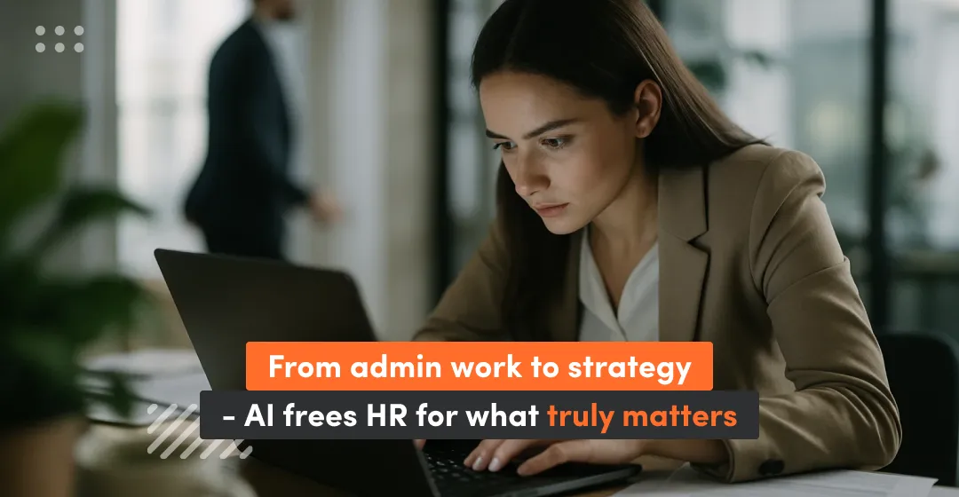 Woman with dekstop and inscription about admin work and strategy in HR