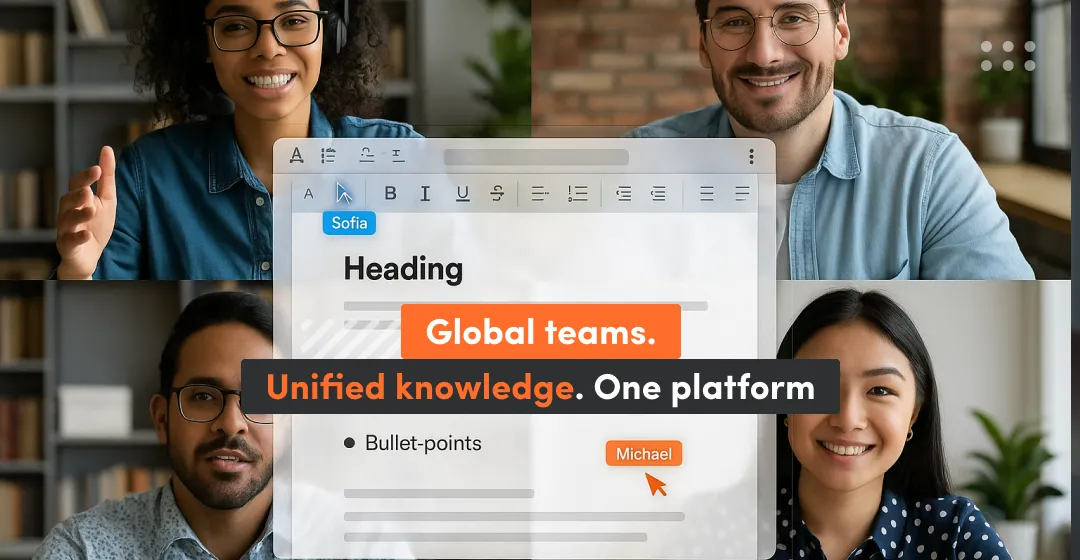 Four people with different culture background with inscription about global teams