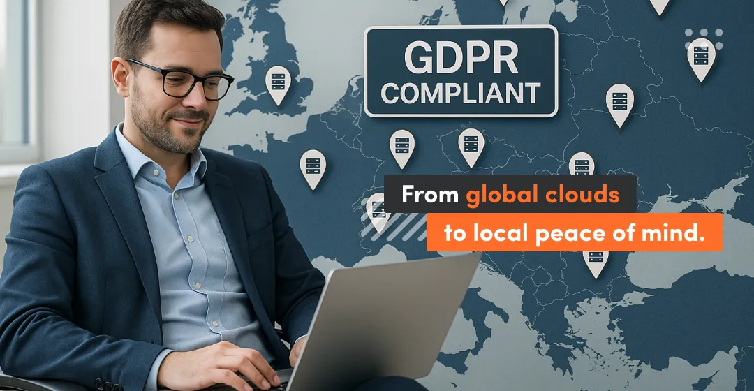 men with desktop and blue background working on global clouds