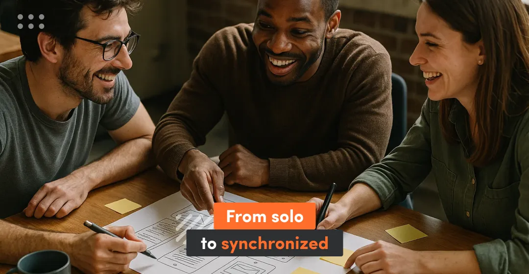 Three people at the table with inscription "from solo to synchronized"