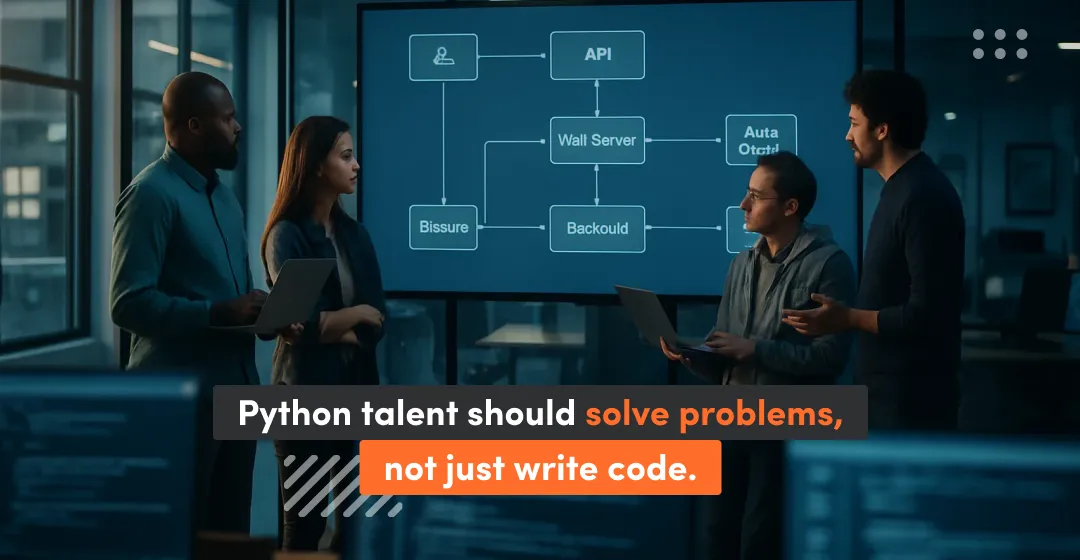 Group meeting with technology in the back and inscription about python