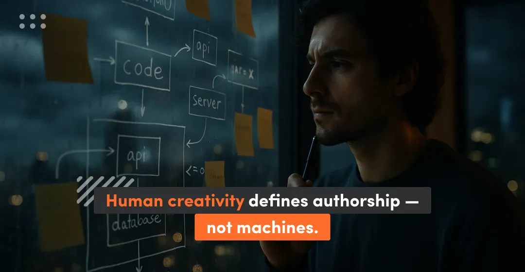 Man with inscription about human creativity that defines authorship and not machines
