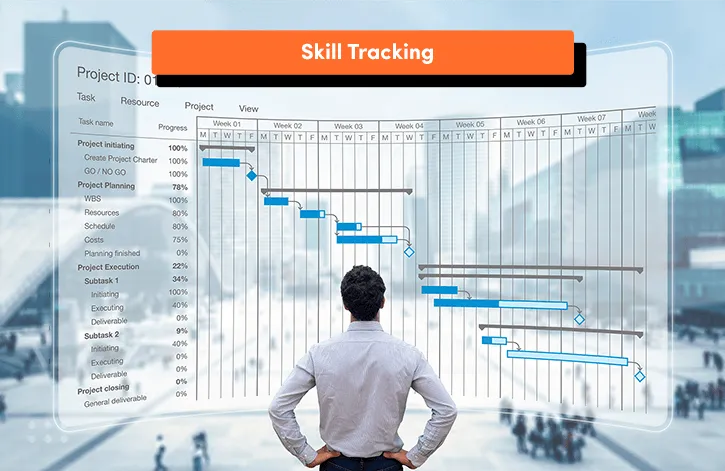 Man viewing a digital dashboard with timelines and progress bars representing skill tracking features inside a custom learning management system, used to monitor learner progress, competencies, and personalised learning paths.