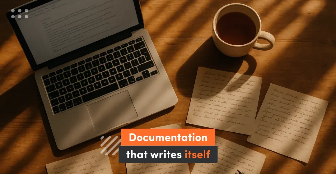 Desktop, coffe and inscription that documentation that writes itself