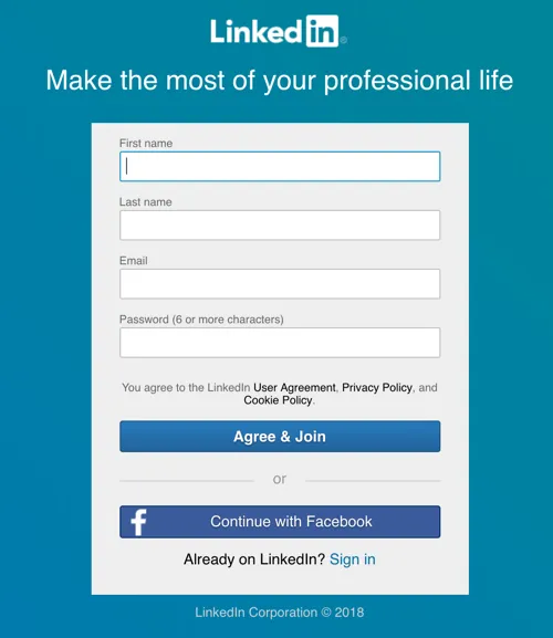 linkedin signup page continue with facebook