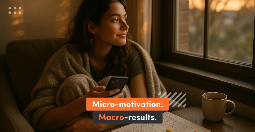 woman sitting in front of the window with incription that micro motivation makes micro results