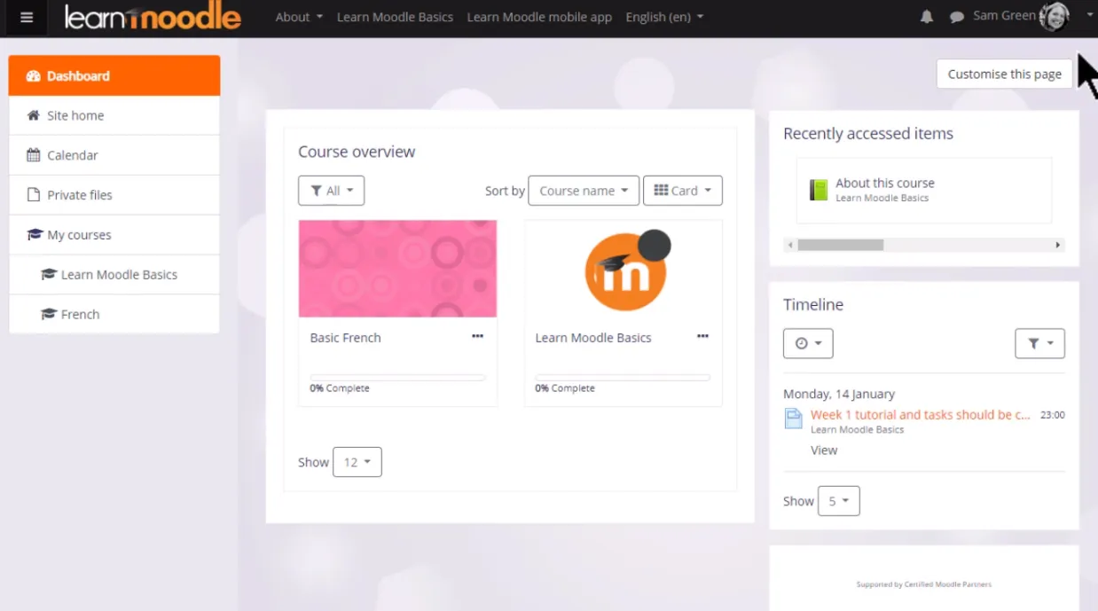 Dashboard Moodle