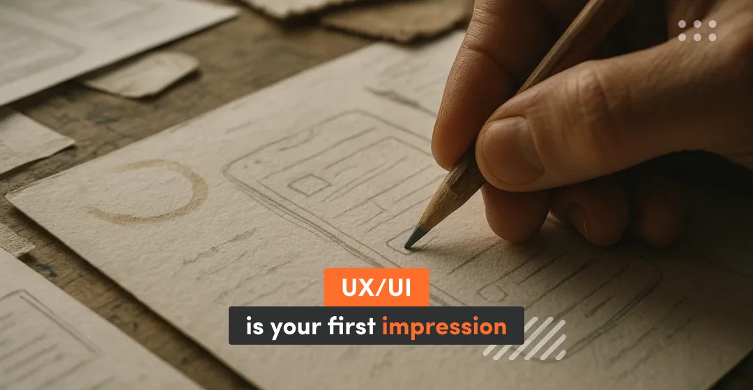 Paper and pencil, writting hand with inscription UX/UI in firts impression