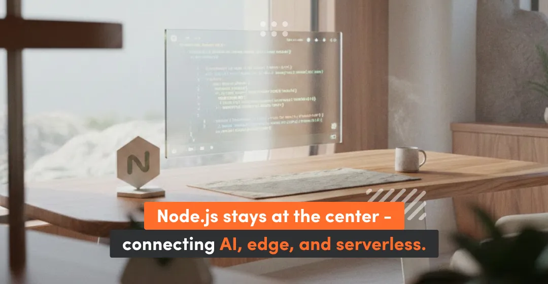 A modern workspace with floating code on a transparent screen symbolizing how Node.js acts as an orchestration layer connecting AI services, edge computing, and serverless functions in scalable backend architectures.