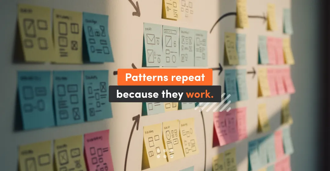 A wall covered with colorful sticky notes showing UI sketches, arrows, and repeated UX patterns, with the text “Patterns repeat because they work,” illustrating how consistent UX design patterns help products scale.