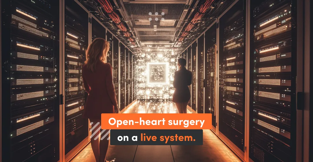 Graphic with modern technology system and two womens standing in room