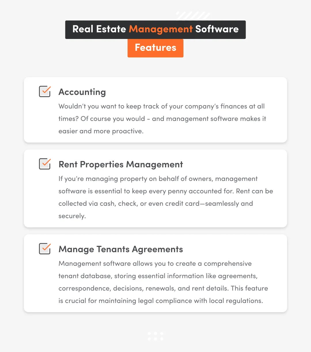 Types of Property management software features such as accounting, rent properties management and manage tenants agreements