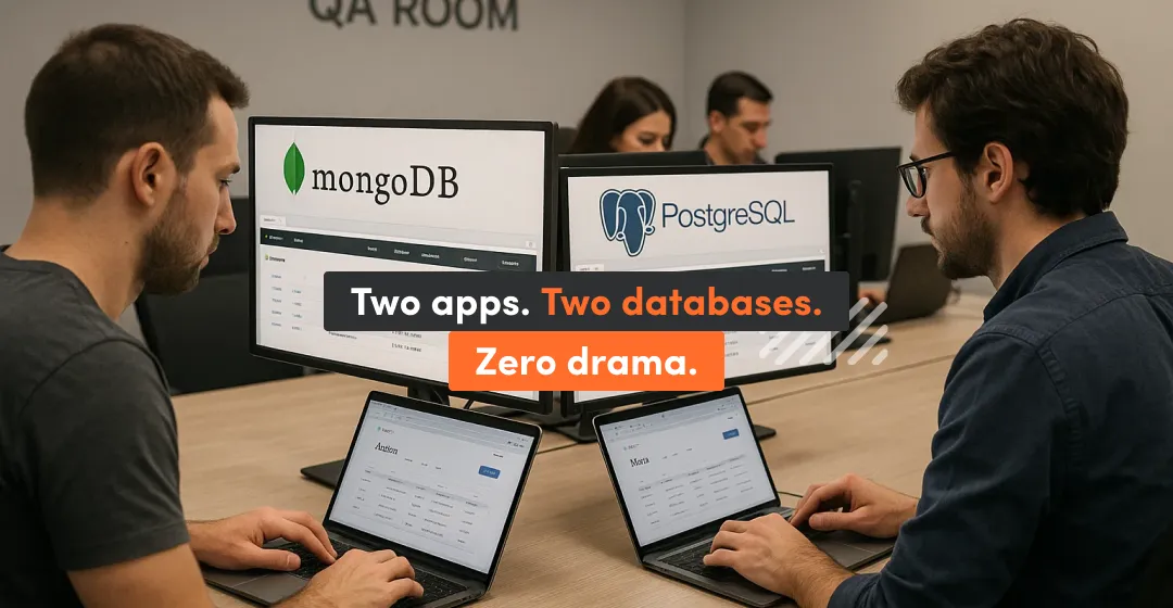 Two mens with desktops in the office working on two apps and two databases