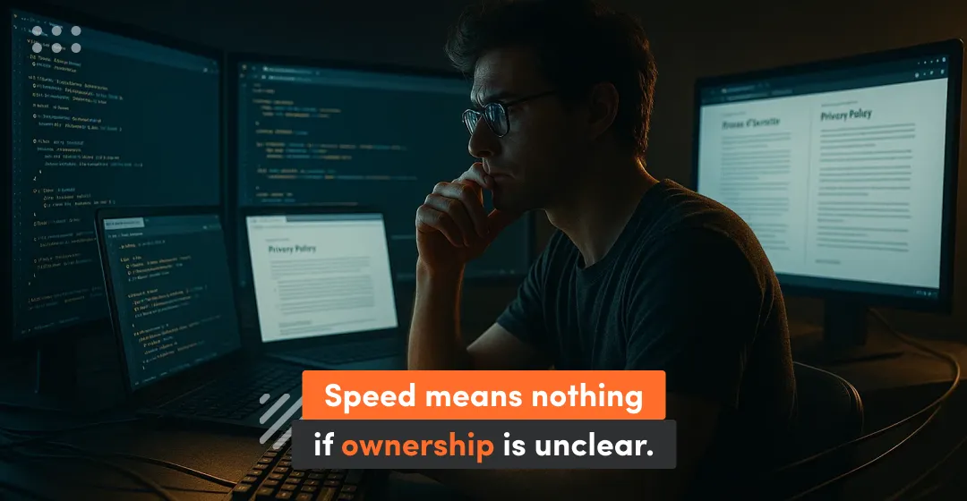 Man in front of the computer and inscription about ownership and clarity