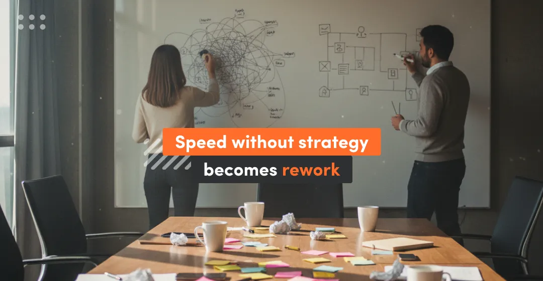 Two people standing in front of the board with incription aboud strategy that becomes rework