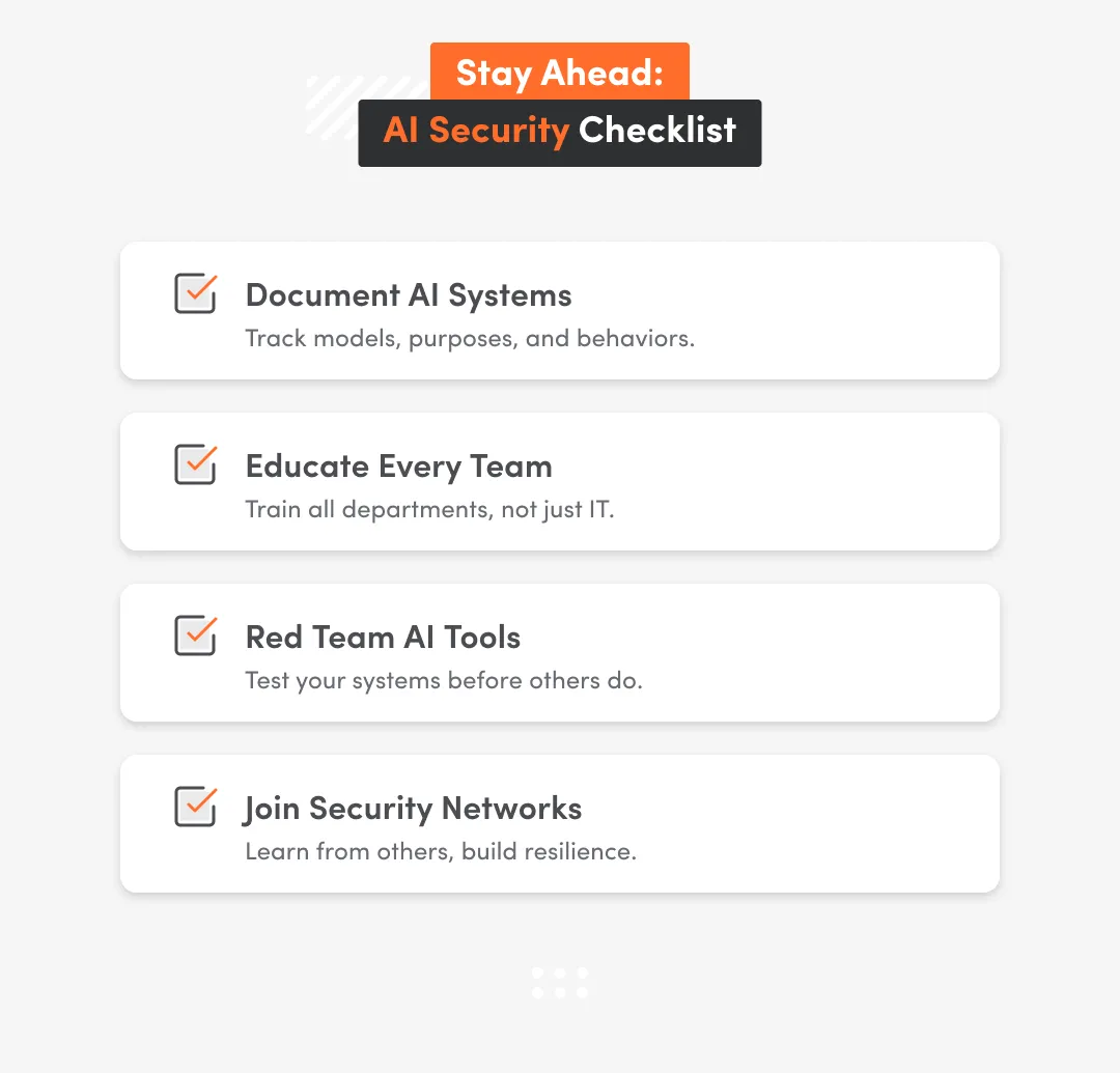 White inphographic how to stay ahead with AI security checklist