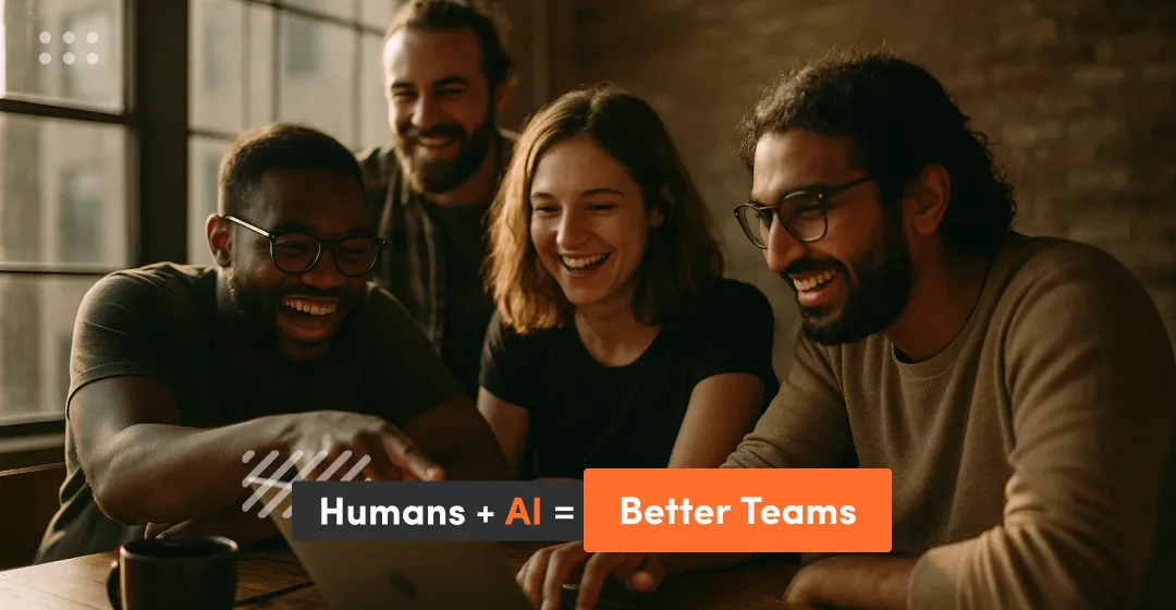 Four people laughing and inscription about better teams