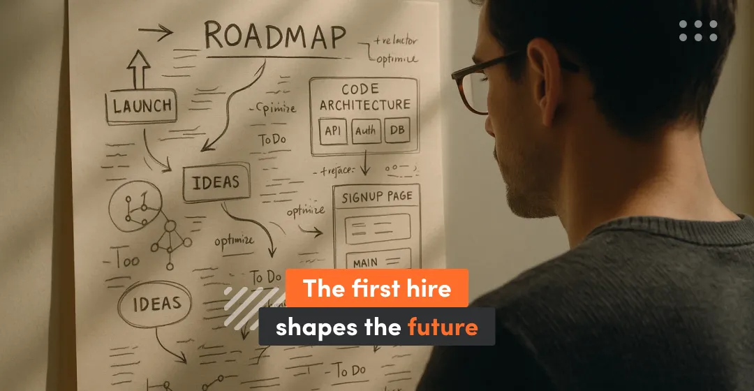 Man with board and roadmap with inscription that the first hire shapes the future
