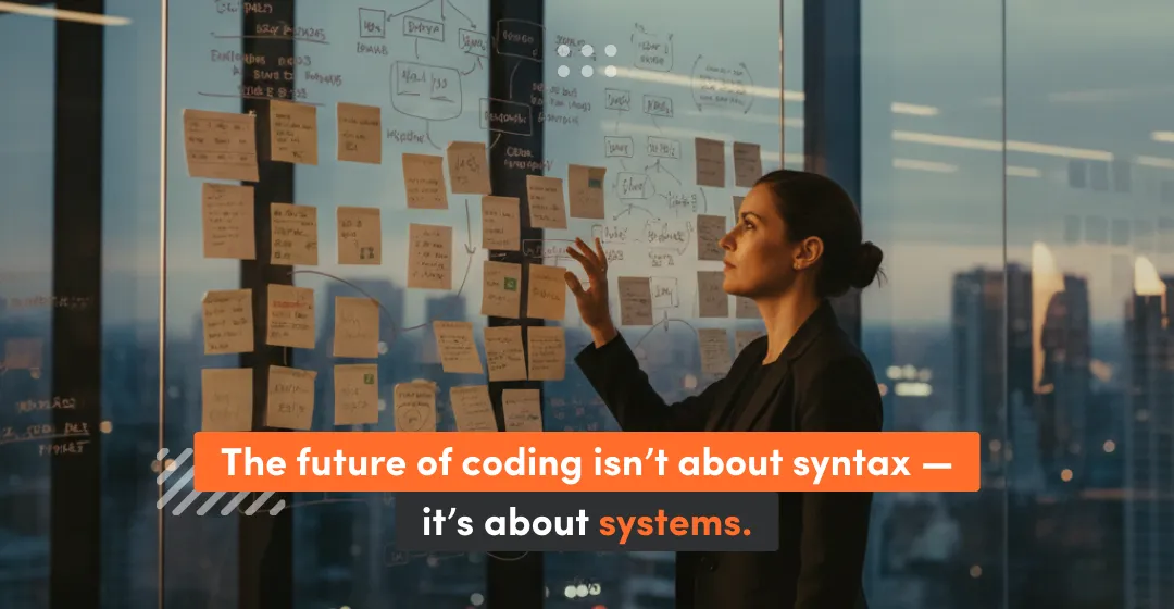 A developer analyzing a wall of notes and diagrams representing software architecture, symbolizing how modern coding moves beyond syntax toward full systems design and strategy.