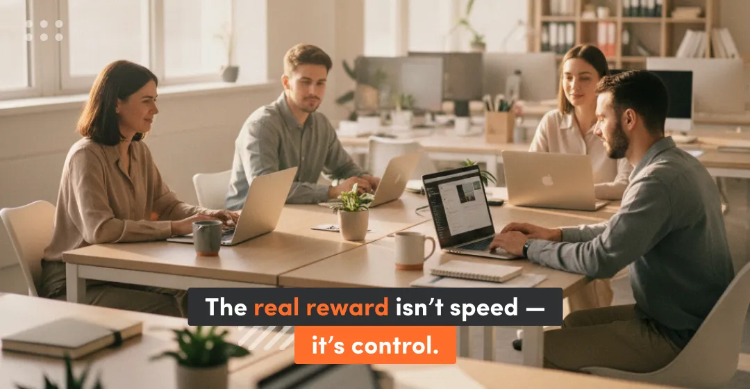 four people sitting at the table with desktops and inscription about control reward