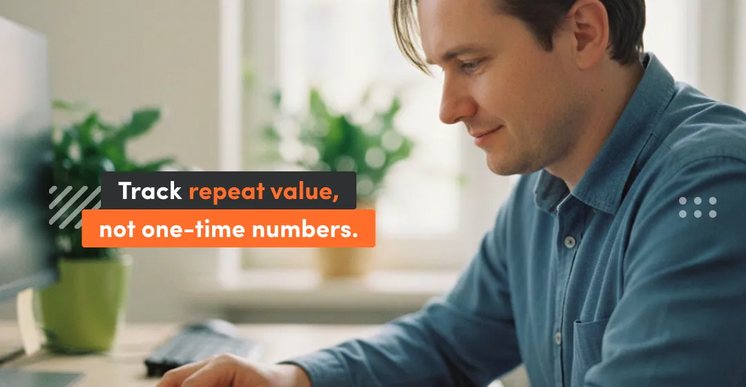 Smiling product manager works at a computer with the caption “Track repeat value, not one-time numbers,” illustrating how a product management framework focuses on North Star Metrics that measure recurring user value instead of vanity metrics.