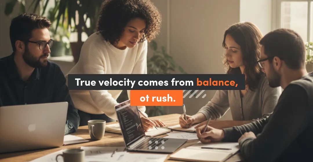 People at the meeting and inscription about true velocity