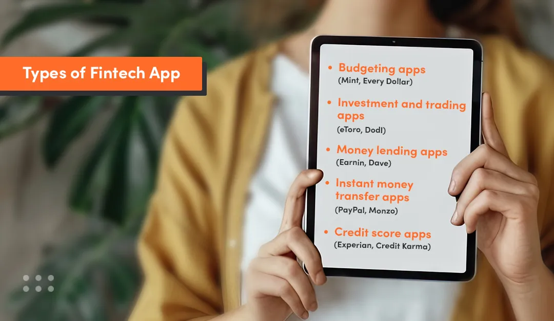 Types of fintech app like budgeting apps, investment and trading apps, money lending apps and other