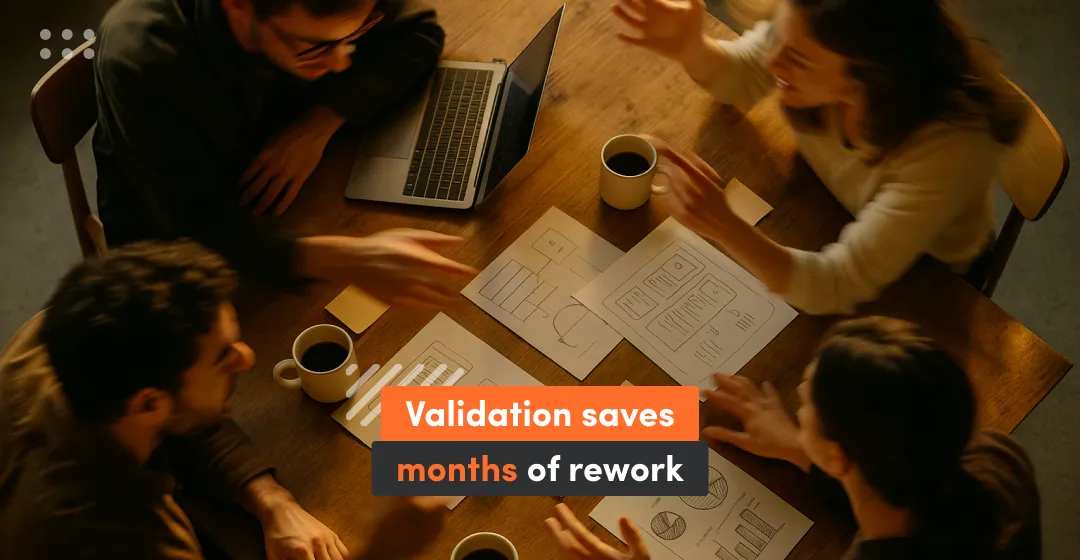 People sitting at the table and inscription "validation saves month of rework"