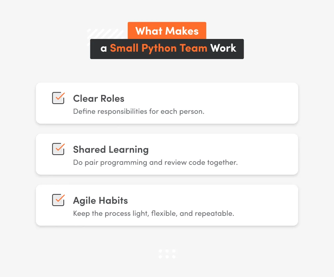 White inphographic with what makes a small python team work