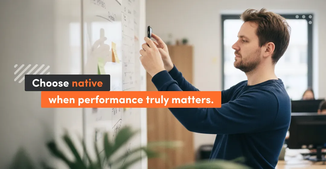 A startup founder taking a photo of a whiteboard while evaluating when native apps are needed for performance, device features and smooth mobile experience.