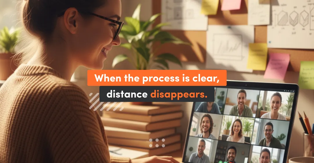 Woman at the meeting with inscription about clear process