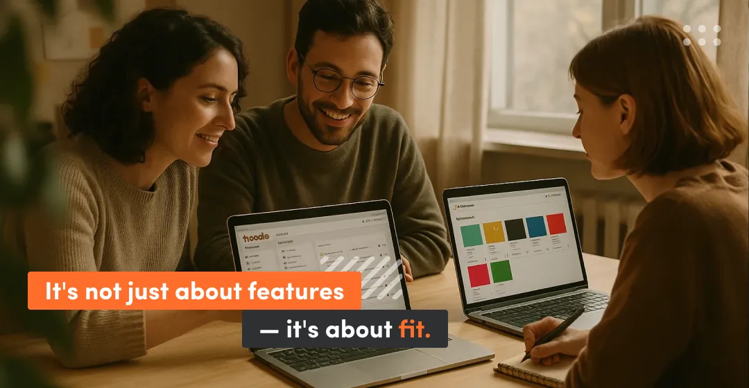 Three people with desktop about fitting