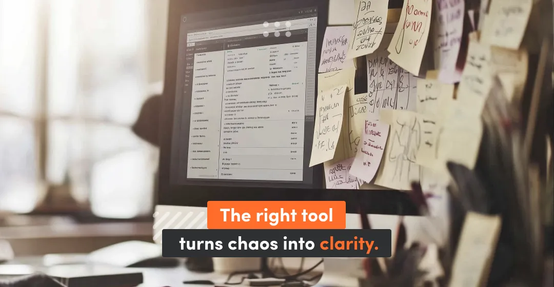 A computer with lots of sticky notes and description about turning chaos into clarity