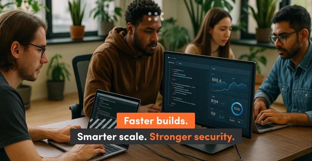 People sitting at a desk with a laptop and an inscription about smarter scale and stronger security