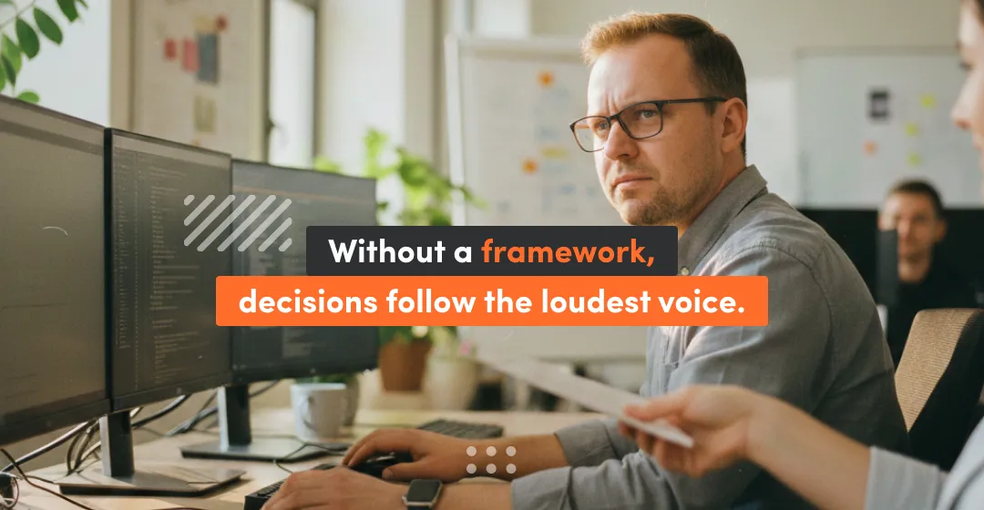 Product manager at a desk looks concerned while the caption reads “Without a framework, decisions follow the loudest voice,” illustrating how a product management framework prevents roadmap decisions from being driven by noisy stakeholders instead of clear priorities.