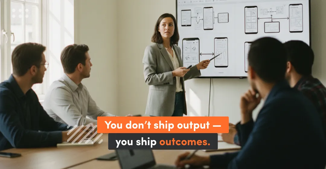 Infographic od 5 people in fornt of the whiteboard "You dont ship output - you ship outcomes"